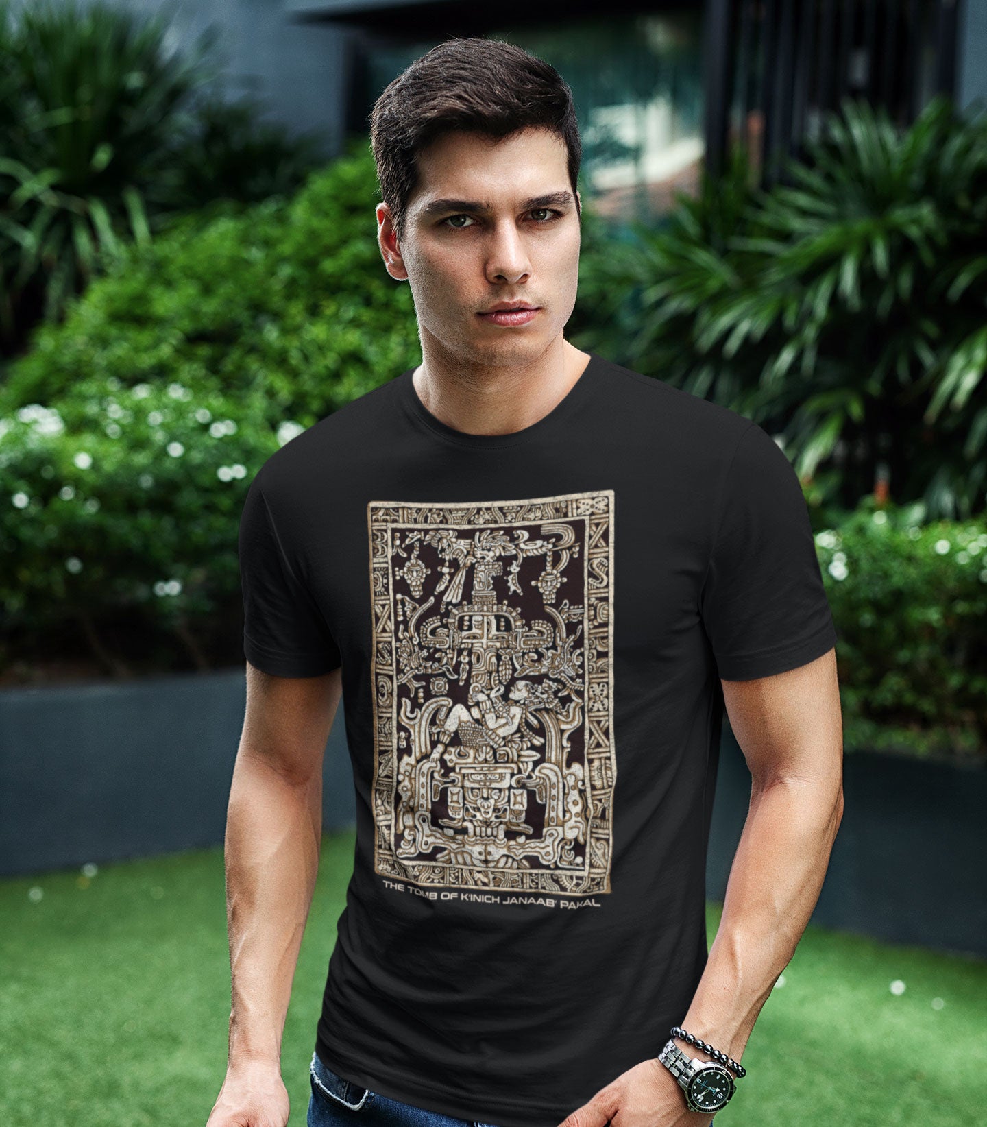 Tomb of Kʼinich Janaabʼ Pakal - Ancient Alien Astronaut Cotton Tee (dark)