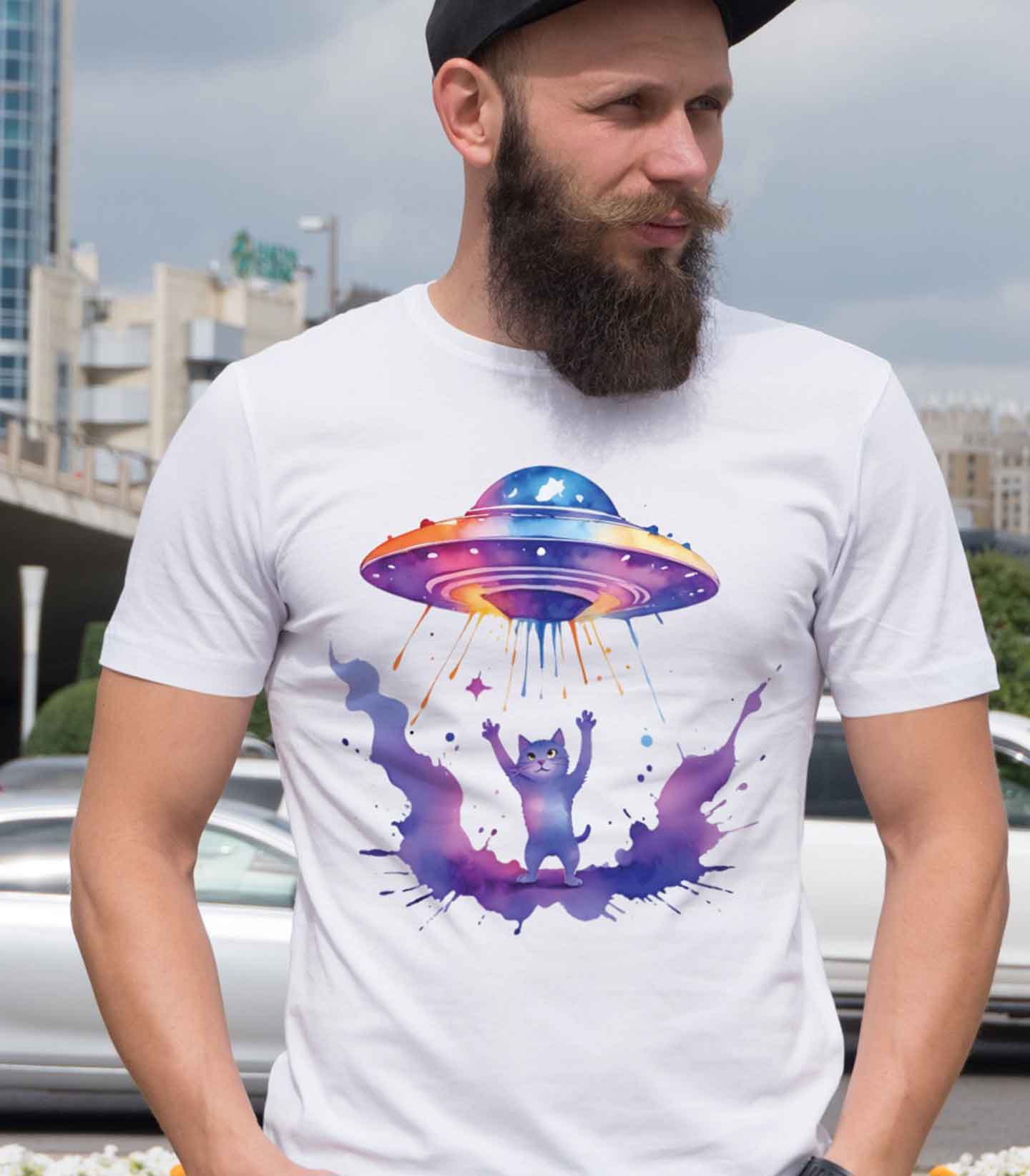 Kitty UFO Watercolor Unisex Cotton Tee