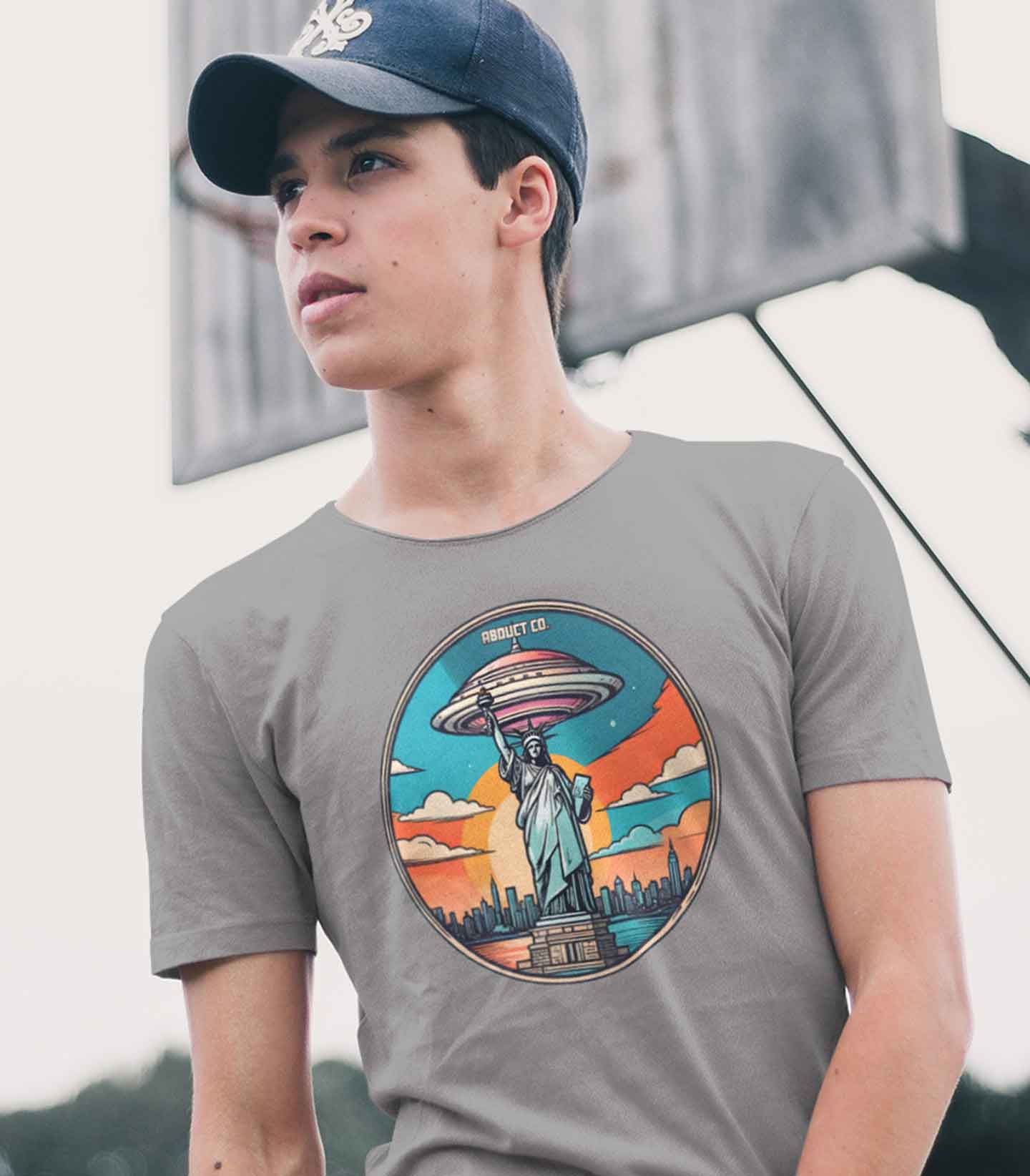 UFO Over Statue of Liberty Cotton Graphic Tee